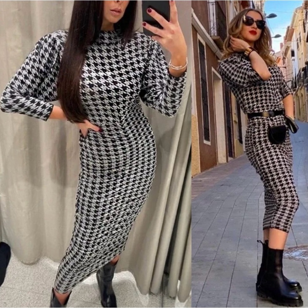 Zara Jacquard Ruched Draped Houndstooth Dress - Picture 6 of 16